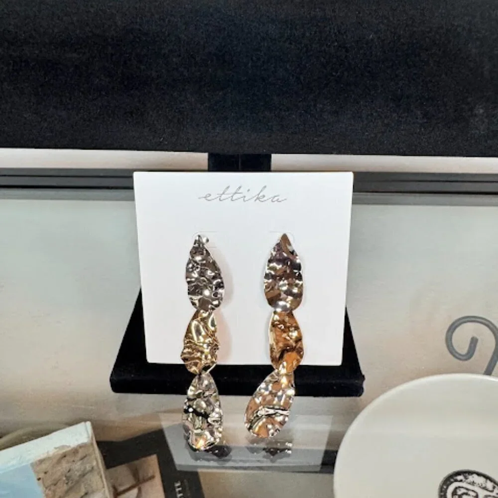 NWT Ettika Hammered Two-Tone Drop Earrings Silver Gold